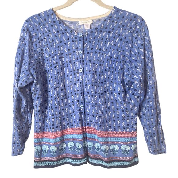 Garnet Hill Blue‎ Pink Block Print Merino Wool Button Front Cardigan Sweater M - Picture 1 of 9